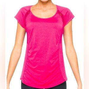 Spanx Pink Short Sleeve Stretch Ruched Ruffle Active Athletic Shirt Size Medium